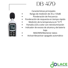 Sonómetro Digital DB-479: Medidor de Ruido y Temperatura Preciso