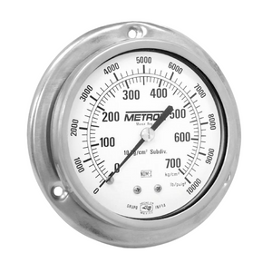 Manómetro Metrón 10165 4" Conexión post acero inoxi c/brida ½"-¼" NPT. Rango 1-70 kg/cm²(15-1000 PSI). Seco