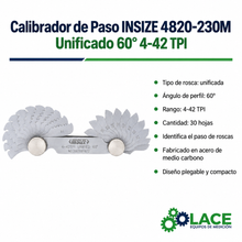 Calibrador de Paso INSIZE 4820-230M Unificado 60° 4-42 TPI