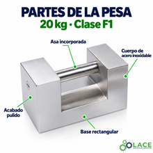 Pesa rectangular en acero inoxidable LACE de 20 kg clase F1