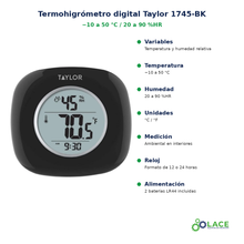 Termohigrómetro digital Taylor 1745-BK – -10 a 50 °C / 20 a 90 %HR
