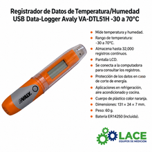 Registrador de Datos de Temperatura/Humedad USB Data-Logger Avaly VA-DTL51H -30 a 70°C
