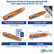 Registrador de Datos de Temperatura/Humedad USB Data-Logger Avaly VA-DTL51H -30 a 70°C
