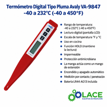 Termómetro Digital Tipo Pluma Avaly VA-9847 -40 a 232°C (-40 a 450°F)