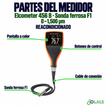 Medidor de espesor de revestimientos Elcometer 456 B con sonda ferrosa F1 (0–1,500 µm) — Reacondicionado