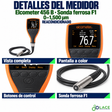 Medidor de espesor de revestimientos Elcometer 456 B con sonda ferrosa F1 (0–1,500 µm) — Reacondicionado
