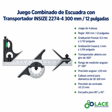 Juego Combinado de Escuadra con Transportador INSIZE 2274-4 300 mm / 12"