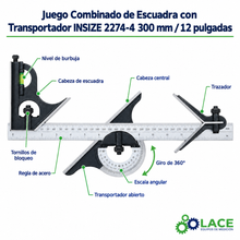 Juego Combinado de Escuadra con Transportador INSIZE 2274-4 300 mm / 12"