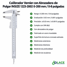 Calibrador Vernier con Abrazadera de Pulgar INSIZE 1223-2002 0-200 mm / 0-8"