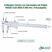 Calibrador Vernier con Abrazadera de Pulgar INSIZE 1223-2002 0-200 mm / 0-8"