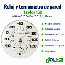 Reloj y termómetro de pared Taylor 162 -40 a 40 °C / -40 a 120 °F y 12 horas