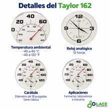 Reloj y termómetro de pared Taylor 162 -40 a 40 °C / -40 a 120 °F y 12 horas