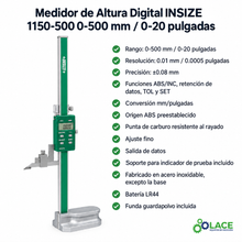 Medidor de Altura Digital INSIZE 1150-500 0-500 mm / 0-20"