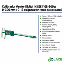 Calibrador Vernier Digital INSIZE 1108-300W 0-300 mm / 0-12" (sin rodillo para el pulgar)