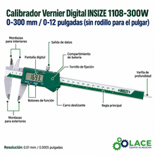 Calibrador Vernier Digital INSIZE 1108-300W 0-300 mm / 0-12" (sin rodillo para el pulgar)