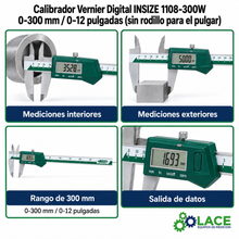 Calibrador Vernier Digital INSIZE 1108-300W 0-300 mm / 0-12" (sin rodillo para el pulgar)