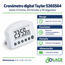Cronómetro digital Taylor 5265564 – Hasta 23 horas, 59 minutos y 59 segundos