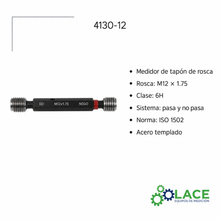 Medidor De Tapón De Rosca 6H, Pasa Y No Pasa, ISO 1502 Insize 4130-12 M12x1.75