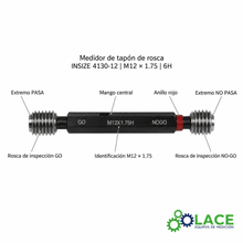 Medidor De Tapón De Rosca 6H, Pasa Y No Pasa, ISO 1502 Insize 4130-12 M12x1.75