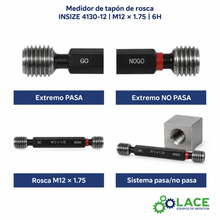Medidor De Tapón De Rosca 6H, Pasa Y No Pasa, ISO 1502 Insize 4130-12 M12x1.75