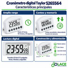 Cronómetro digital Taylor 5265564 – Hasta 23 horas, 59 minutos y 59 segundos