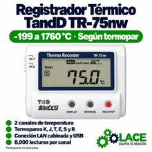 Registrador Térmico TandD TR-75nw de 2 Canales para Termopar -199 a 1760 °C con LAN Cableada