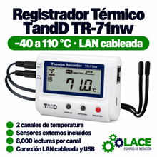Registrador térmico TandD TR-71nw 2 Ch. Temperatura -40 a 110°C, LAN cableada