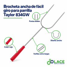 Brocheta ancha de fácil giro para parrilla Taylor 834GW, color rojo.