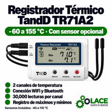 Registrador Térmico TandD TR71A2 de 2 Canales para Temperatura -60 a 155 °C con LAN Inalámbrica y Bluetooth