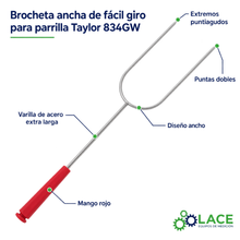 Brocheta ancha de fácil giro para parrilla Taylor 834GW, color rojo.
