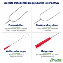 Brocheta ancha de fácil giro para parrilla Taylor 834GW, color rojo.