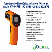 Termómetro Electrónico Infrarrojo (Pistola) Avaly VA-INF151 -50 a 550°C (-58 a 1022°F)