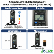 Anemómetro Multifunción 5 en 1 Lutron Avaly LM-8010 -100 a 1300°C (-148 a 2372°F)