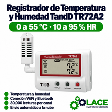Registrador de temperatura y humedad TandD TR72A2 con WiFi y Bluetooth (0–55 °C / 10–95 % HR)
