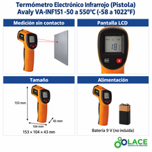 Termómetro Electrónico Infrarrojo (Pistola) Avaly VA-INF151 -50 a 550°C (-58 a 1022°F)