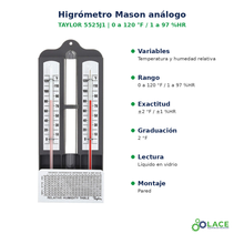 Higrómetro Mason análogo Taylor 5525J1 – 0 a 120 °F / 1 a 97 %HR