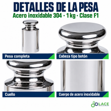 Pesa individual tipo botón en acero inoxidable 304 LACE de 1 kg clase F1