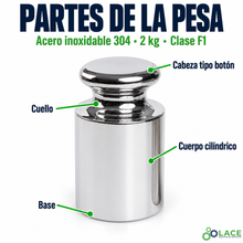Pesa individual tipo botón en acero inoxidable 304 LACE de 2 kg clase F1