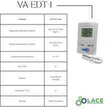 Termómetro electrónico digital dual int/ext VA-EDT-1