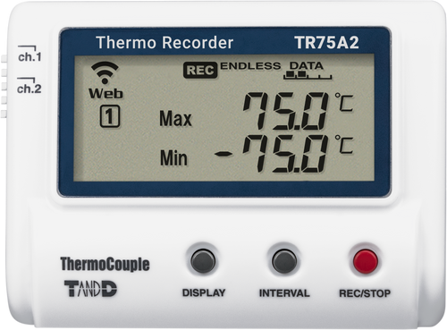 Registrador térmico TandD TR75A Termopar 2 canales, LAN inalámbrica, Bluetooth